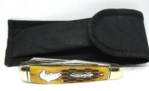 Coltello tascabile Rough Rider due lame 440 SS logo trota manico osso di cervo nuovo - Foto 1 di 8
