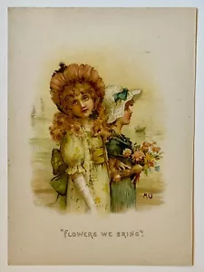 Victorian Bookplate Lithograph ~ Flowers We Bring Meta Grimball Girls & Flowers - Picture 1 of 2