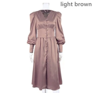 Damen Satin Lange Kleider V-Ausschnitt Knopf Laternenärmel Party Elegant Vintage Look - Bild 1 von 19