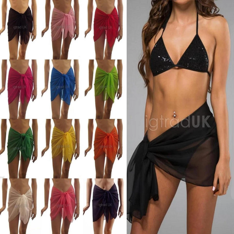 Mini Sarongs Fine Sheer Chiffon Short Length Cover-Up Sarong One Size UK 8-14 - Image 1 of 1