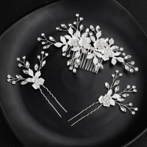Alloy Flower Rhinestone Hair Clip Hairpins Set Bride Hair Comb Wedding Headwear - Picture 1 of 31
