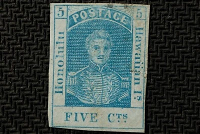 Estampilla de 1853 Hawaii 5c King Kamehameha III, Scott #8, ¡EXTREMADAMENTE RARA!! Foto 1 de 4