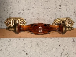 Large 7" Vintage/Antique Fine Amber Cut Glass & Etched Brass Drawer Pulls Handle - Picture 1 of 10