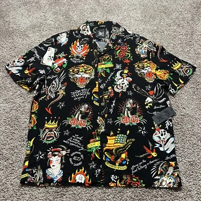 ED HARDY Impresión Completa Multi Tatuaje Vida Apuesta Amor Mata Lentamente Nuevo Mediano Foto 1 de 4