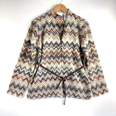 Кардиган Liz Claiborne свитер женский размер большой коричневый синий шеврон подпоясанный богемное - Изображение 1 из 4