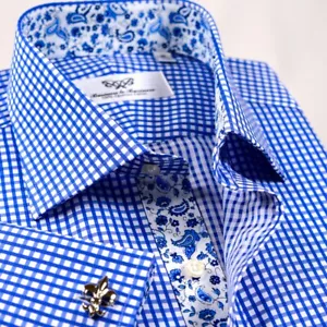 Abito da lavoro formale a scacchi blu camicia paisley floreale fodera interna polsini francesi - Foto 1 di 9