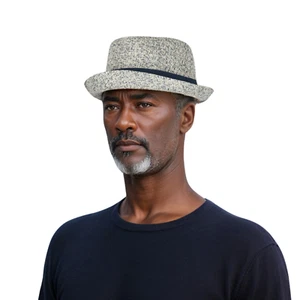 Men's Summer Straw Pork Pie Trilby Hat Beach Sun Hat with Black Band Lightweight - Picture 1 of 8