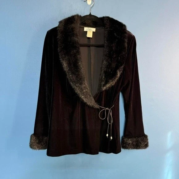 Vintage 90s Velvet Wrap Blouse Women's Size 14 Petite Black Patra Faux Fur - Image 1 of 4