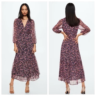 Maxi Vestido MNG By Mango Cuello en V Talla 4 XS Chifón Estampado Floral Manga 3/4 Foto 1 de 4