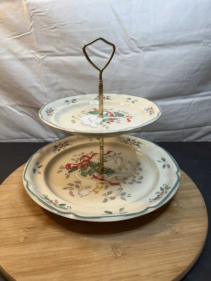 Vintage goose Christmas international table works tray Tidbit Tray two Level - Image 1 of 4