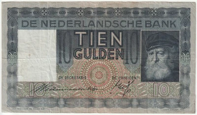 Netherlands 10 Gulden Banknote 1938 Very Fine Condition Pick#49 Old Man in a Cap - Image 1 of 2
