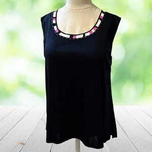 MING WANG Knit Top 2X Black Pink Sleeveless Shell Contrast Trim Career Travel - Picture 1 of 11