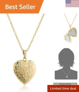 Bellissimo medaglione cuore in oro giallo 14 carati con incisioni floreali, 18 pollici - Foto 1 di 6