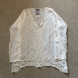 Johnny Was Blouse Womens Sz XS White Bohemian Lace Floral Cupra Rayon Designer - Picture 1 of 11