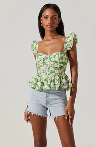 ASTR The Label Women size S Baylin Floral Peplum Top lavender green lace up back - Picture 1 of 10