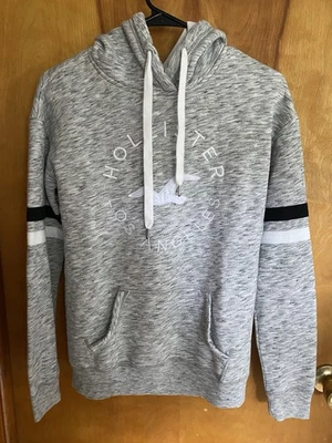 Hollister LA Gris Brezo Tinte Espacial Pullover Sudadera con Capucha Mangas a Rayas Mujeres S Foto 1 de 4