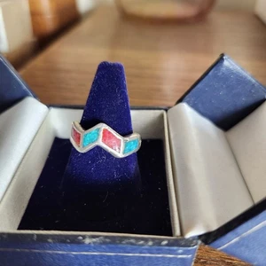 Vintage Navajo Sterling Silver Wave Ring With Turquoise & Coral Inlay Design Siz - Picture 1 of 5