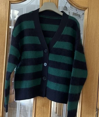 Cárdigan Alto Mezcla Cachemira, Busto 110cm Len 58cm Se Ajusta a M/L Verde/Azul Marino Rayas Foto 1 de 4