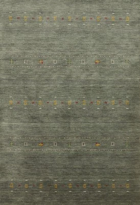 Elegante alfombra hecha a mano de lana verde Gabbeh 5x7 con distintos diseños tribales Foto 1 de 4