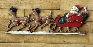 Vintage Aluminum Christmas Wall Hanging Santa In Sleigh & Reindeer 16” x 6” - Picture 1 of 5