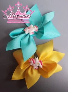 SO CUTE Pair Baby/Toddler Boutique Style GLITTER UNICORN Hair Bow Piggies! L@@K! - Picture 1 of 15