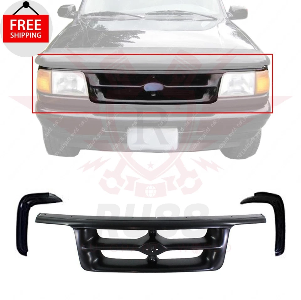 New Front Black Grille  & Grille Molding Black 3PC Set For 1995-1997 Ford Ranger Foto 1 de 4