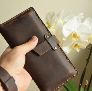 Handmade Brown Genuine Leather Long Wallet Man and Woman - Picture 1 of 16