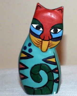 Vintage Laurel Burch Wood Kitty Cat Green Blue Red Figurine - Image 1 of 4