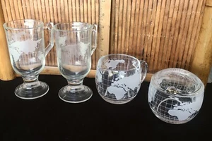 Nestle Globe Etched : 2 Mugs, Creamer, Sugar Bowl w Lid, Spoon / Vintage - Bild 1 von 7