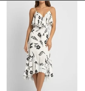 FAVLUX Ruffle Floral Wrap Midi Dress MEDIUM Black White strappy womens - Picture 1 of 19