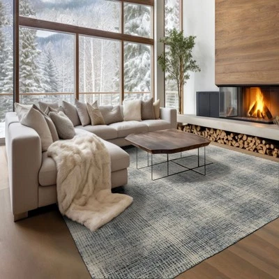 Alfombra contemporánea LoomBloom multi tamaño a cuadros 100 % lana enganchada a mano marfil aguamarina Foto 1 de 4