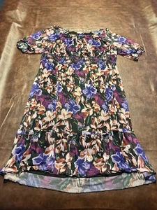 TERRA & SKY PLUS 2X PURPLE FLORAL COTTON GAUZE LONG SLEEVE SMOCKED SUMMER DRESS - Picture 1 of 4