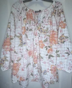 Lane Bryant Size 26/28 Creme Multicolor Floral 3/4 Puff Sleeve Tie-Neck Top NWT - Picture 1 of 8