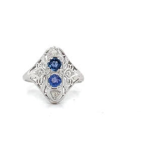 Vintage 14K White Gold Sapphire Two Stone W/ Round White Diamond Filigree Ring - Picture 1 of 10