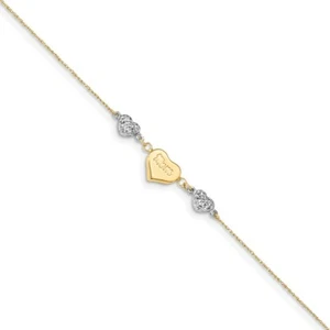 14k 14kt Two Tone Yell/White Puffed MOM Heart 7inch w/ 1 inch Extention Bracelet - Picture 1 of 4