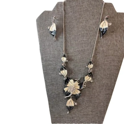 Black & Beige Enamel Painted Flower Necklace Set  With Rhinestone Gems  - Image 1 of 4