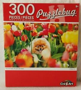 PuzzleBug Puzzle 300 pc Cute Puppy in Tulip Patch 18.25" X 11" Factory Sealed!!!