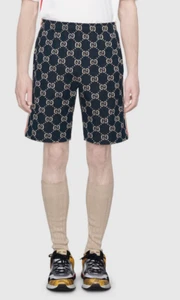 Gucci Jacquard Navy Blue Cream GG Monogram Shorts Red Stripe Sz XXL 100% Cotton - Picture 1 of 9