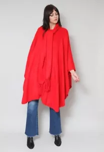 70's Vintage Red Alpaca Ladies Pussy Bow Cape Jacket One Size Retro Boho - Picture 1 of 4