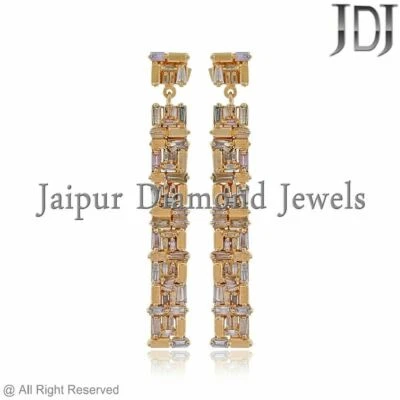 Natural Diamond Baguette Dangle Earrings Solid 14 K Yellow Gold Wedding Jewelry - Image 1 of 3