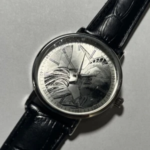 VTG Statue Of Liberty Novelty Watch Distressed Black Leather Band NEW Old Stock - Picture 1 of 9