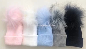 Newborn Baby Boys Girls Spanish Style Ribbed Knit Fur Pom Pom Hat UK Made - Picture 1 of 4