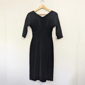 Vintage 60s Black Velvet Cocktail Mid-length Dress Wiggle Retro Empire Waist - Picture 1 of 13