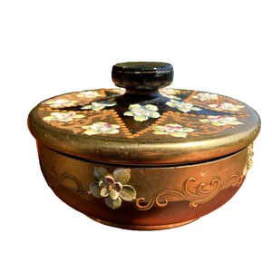 VTG Royal Czechoslovakia Gold Floral Hand painted jar Powder Trinket 6 1/4” @15 - Picture 1 of 13