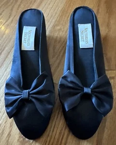 Victoria's Secret Vintage Black Satin Bow Tie Whimsy Mule Slippers Shoes Sz 7/8 - Picture 1 of 13