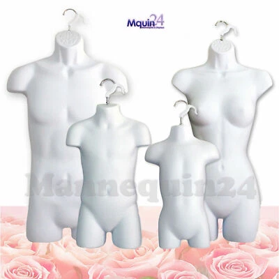 Set of 4 Mannequins Male Female Child Toddler White Hanging Dress Forms - Image 1 of 4