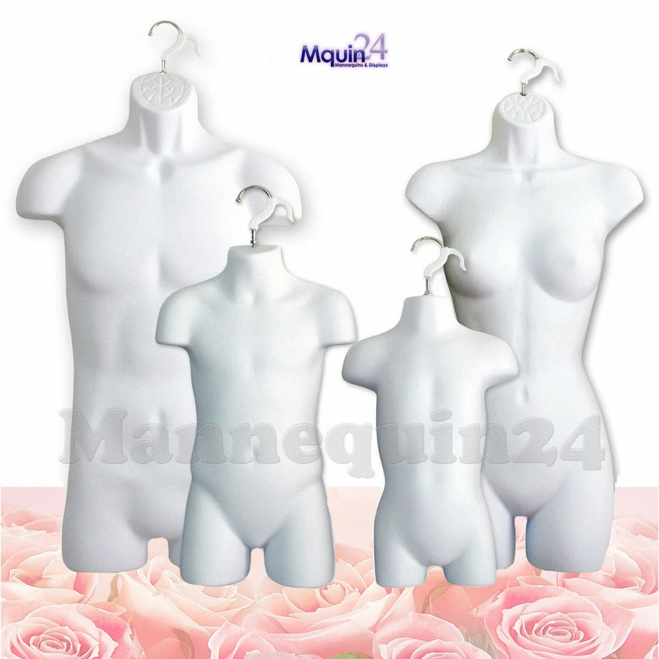 Set of 4 Mannequins Male Female Child Toddler White Hanging Dress Forms - Image 1 of 4