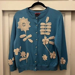 VTG Pinup Sweater Cardigan XL Blue Embroidered Flowers MCM Retro IDI by Matthew - Picture 1 of 8
