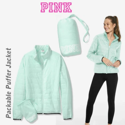 Chaqueta acolchada Victoria's Secret VS PINK ligera empaquetable verde menta L grande Foto 1 de 4