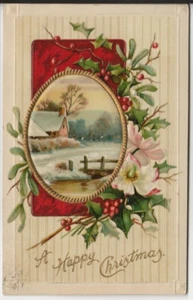 Vintage Postcard Christmas: Snow Scene, River, Farm, Trees, Holly - Picture 1 of 2
